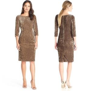 ELIZA J EJ5MO125 VELVET SEQUIN 3/4 SLEEVE BRONZE STRETCH SHEATH COCKTAIL DRESS
